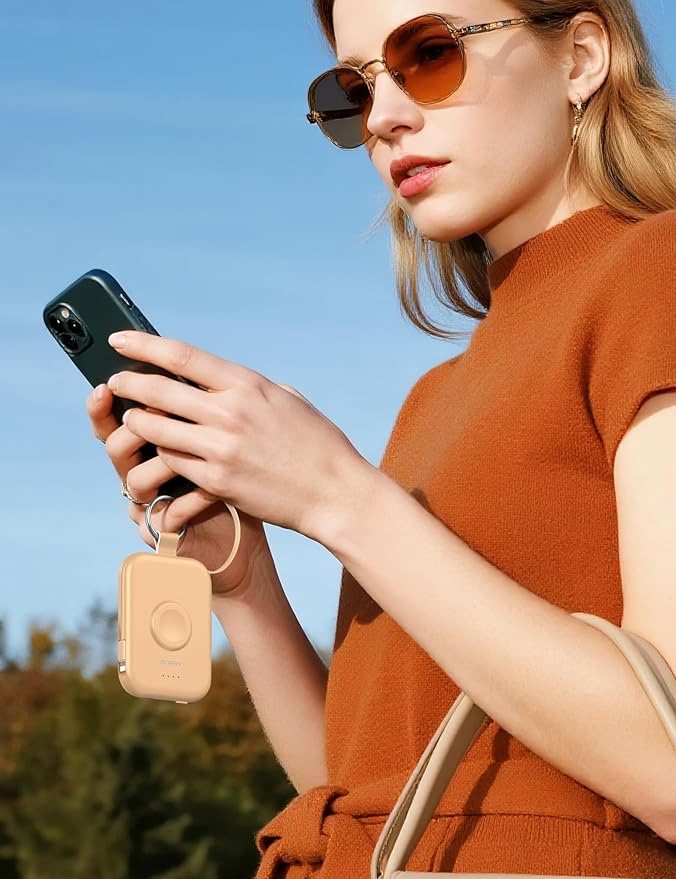 RORRY Portable Charger, 5000mAh Portable Charger Power Bank with Built-in Cables, Travel Keychain Battery Pack for Apple Watch Ultra/11/10/9/8/7/6/SE, iPhone Air/17/16/15/14/13/12, Honey Beige