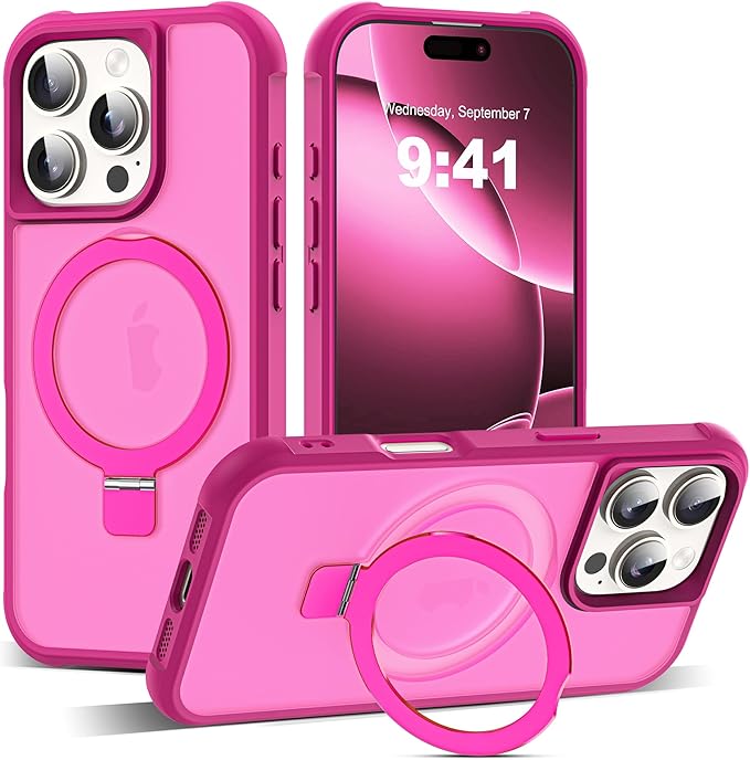 SKYLMW Compatible with iPhone 16 Pro Case with Invisible Magnetic O-Ring Stand Military-Grade Translucent Case for iPhone 16 Pro 6.3" [Compatible with Mag-Safe][Great Grip Feeling], Rose