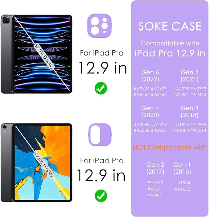 Soke Case for iPad Pro 12.9 Inch (6th/5th/4th/3rd Generation, 2022/2021/2020/2018) - Pencil Holder + Auto Sleep/Wake + Camera Protection, Transparent Shockproof Back Cover, Clove Purple