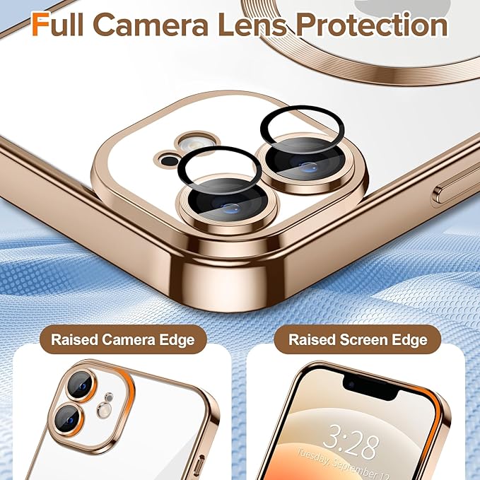 Hython Magnetic Clear for iPhone 12 Case with Camera Lens Protector [Compatible with MagSafe] Luxury Plating Edge Slim Soft TPU Cover Protective Phone Case for iPhone 12 6.1", Desert Brown