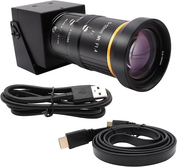 4K Monitor Port USB Camera Simultaneous Streaming Webcam Video Recording Zoom Type C Camera with 5-50mm Manual Varifocal Lens for Live Streaming, Computer, Laptop, Raspberry Pi, Windows,Linux