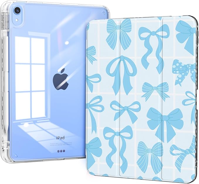 Slim Case for iPad 11th Generation A16 Chip 2025, iPad 10th Generation Case 10.9" 2022 with Pencil Holder, Protective Transparent Clear Back Cover, Trifold Stable Stand, Blue Bows