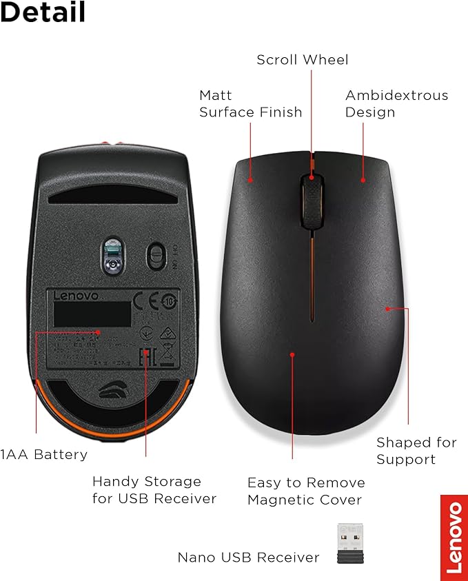 Lenovo 300 Wireless Mouse, Black, Computer Mouse for PC and Laptop with Windows, Ambidextrous Design, 2.4 GHz Nano USB Receiver, 12 Month Battery Life