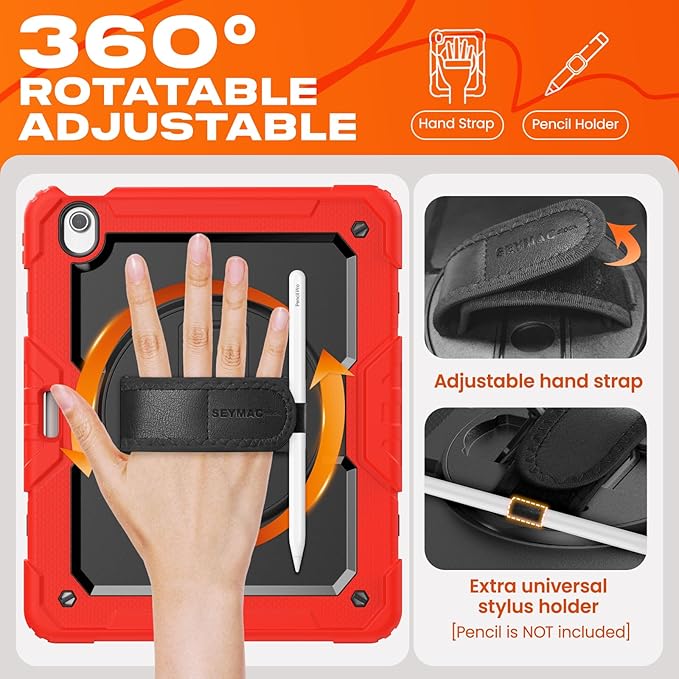 SEYMAC stock Case for iPad Air 13-inch M4-M2 2026-2024 (Gen 8-6), Shockproof Heavy Duty Case with Screen Protector, Pencil Holder, Rotating Stand, Hand Strap, Shoulder Strap, Red