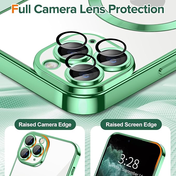Hython Magnetic Clear for iPhone 11 Pro Case with Camera Lens Protector [Compatible with MagSafe] Luxury Plating Edge Slim Soft TPU Cover Protective Phone Case for iPhone 11 Pro 5.8", Light Green