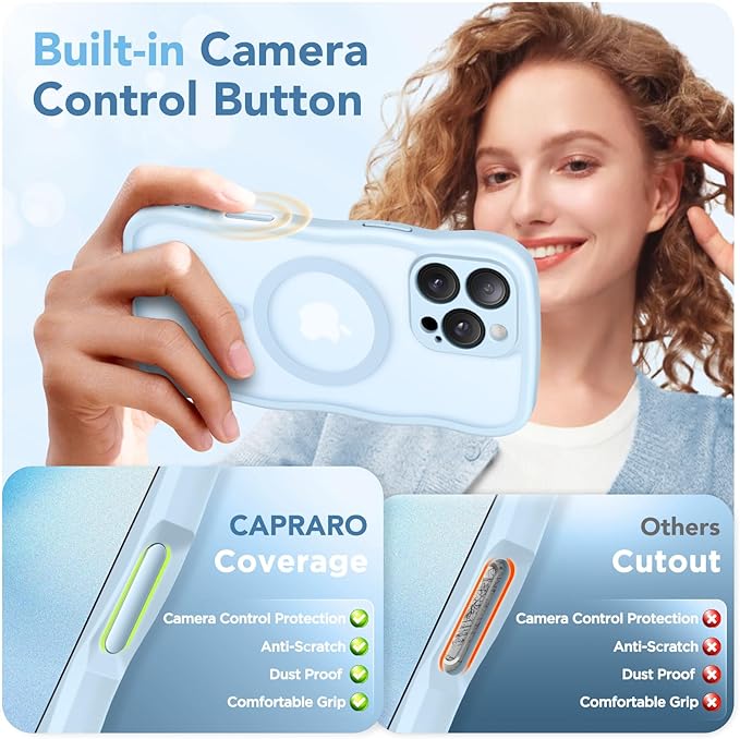 CAPRARO for iPhone 16 Pro Case for Women Girls, Upgraded [Full Camera Protection] [Compatible with MagSafe] Cute Wave Translucent Matte Phone Case for iPhone 16 Pro, Light Blue