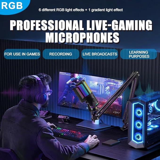M16 USB Microphone with Boom Arm - PC Mic for Streaming, Podcasting, Vocal Recording Singing YouTube RGB Condenser Kit with Noise Cancellation, Monitor Mix Knob, Mute & Pop Filter Black