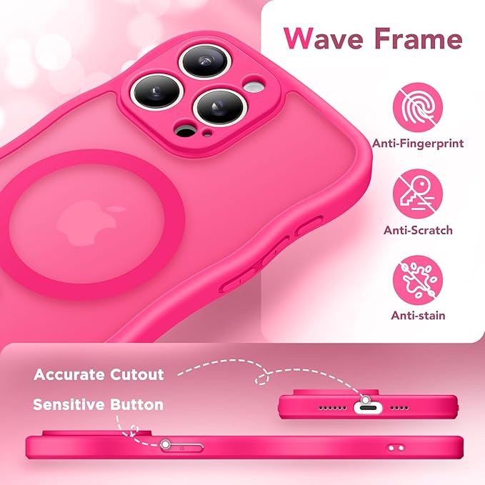 CAPRARO Cute for iPhone 15 Pro Max Case, Compatible with MagSafe, [Curly Wave Edge] [Full Camera Protection] [14 FT Drop Protection] Magnetic Phone Case for 15 Pro Max 6.7 Inch, Hot Pink