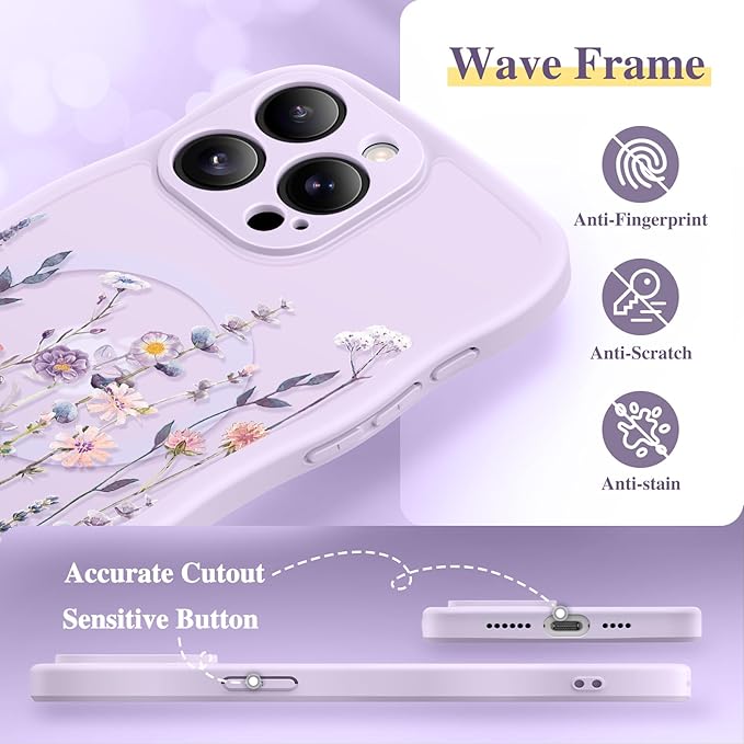 GVIEWIN for iPhone 15 Pro Max Case Compatible with MagSafe [Curly Wave Edge][Full Camera Protection] Floral Translucent Shockproof Magnetic Women Phone Case for 15 Pro Max 6.7'', Floratopia/Purple