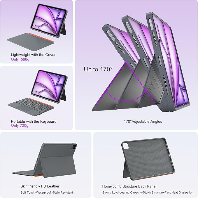WIWU Keyboard Case for iPad Air 13 Inch M4/M3/M2 Pro 12.9 Magnetic Detachable Keyboard Case Adjustable Stand Colours Backlit Keys with Trackpad (Grey, for Air 13"(M3/M2) Pro 12.9" 6/5/4/3)