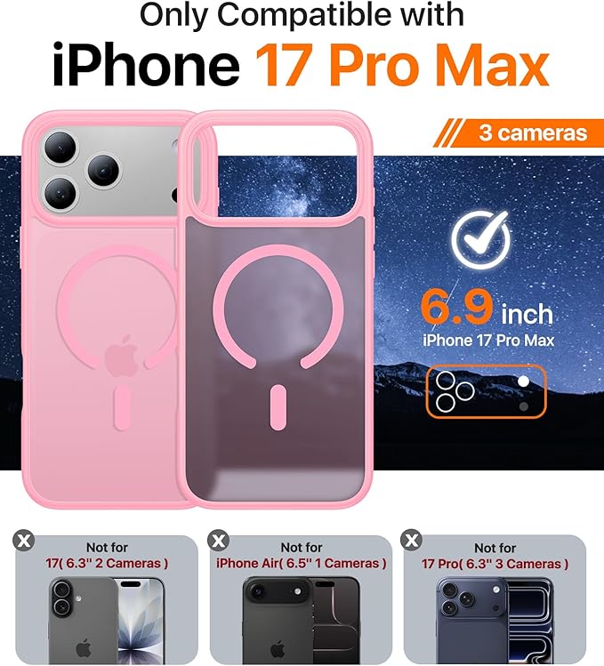 Magnetic for iPhone 17 Pro Max Case,[Anti-Slip][Compatible with MagSafe][Military Grade Drop Protection] Shockproof Protective Translucent Matte Phone Case for iPhone 17 Pro Max Case,Pink