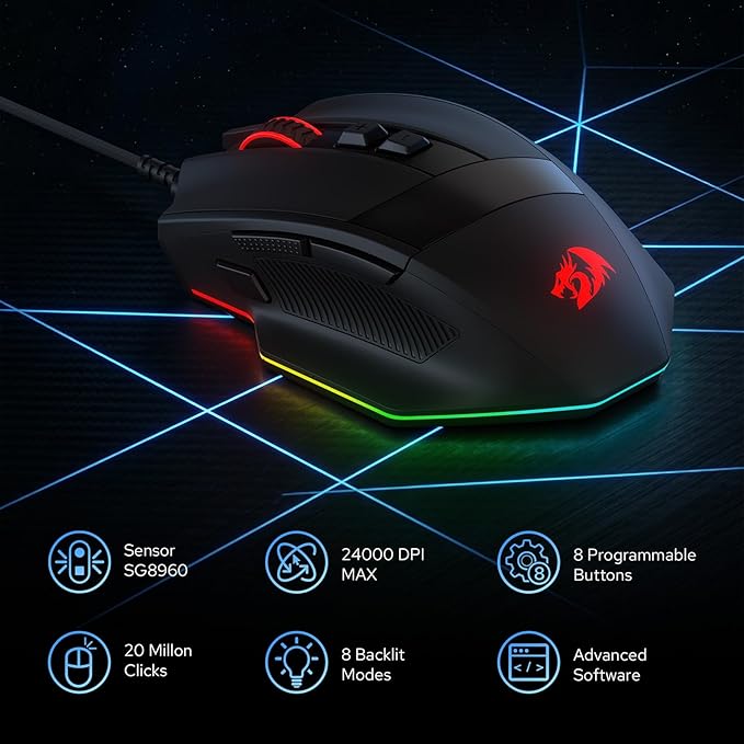 Redragon M923 Wired RGB Gaming Mouse, Optical Ergonomic Mouse with Max 24,000DPI, High Precision Sensor SG8960, 8 Macro Buttons, Software Supported