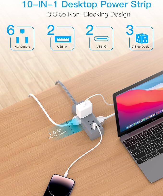 5Ft Extension Cord with Multiple Outlets, Flat Plug Power Strip Surge Protector with 5 Ft Long Cord, 6 Outlet 4 USB Ports (2 USB C), Multi Outlet Wall Plug for College, Dorm Room Essentials(Grey)