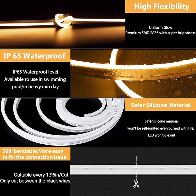 Lamomo LED Strip Lights, Tunable White Neon Rope Lights with Remote, 32.8Ft Dimmable 3000K-6000K Flexible Led Light Strip, Waterproof Silicone 24V Neon Lights for Bedroom Home Decor