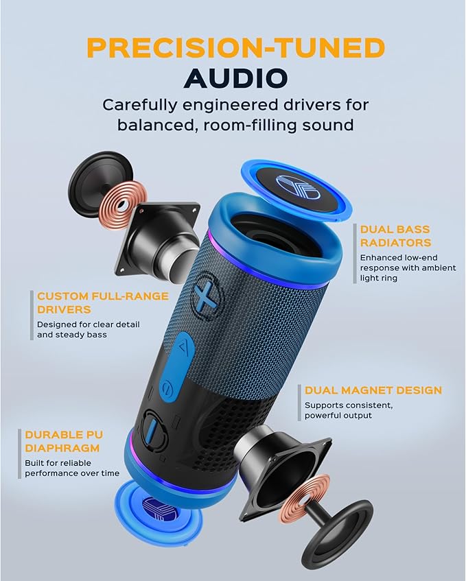 TREBLAB HD77 – Waterproof Bluetooth Speaker, 30W Loud 360° Sound, Deep Bass, IPX7, TWS Pairing, RGB Lights, 20H Battery, Portable Wireless Speaker for Outdoor, Beach, Camping, Party, Travel