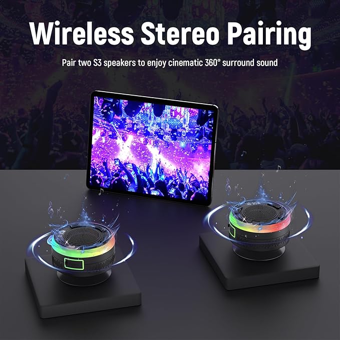 IPX7 Waterproof Shower Bluetooth Speaker, Portable Small Speaker with Suction Cup and Time Display, Loud Crystal Sound & Bass 10H Playtime 1100mAh, Wireless Shower Speakers for Pool, Beach Gift Black
