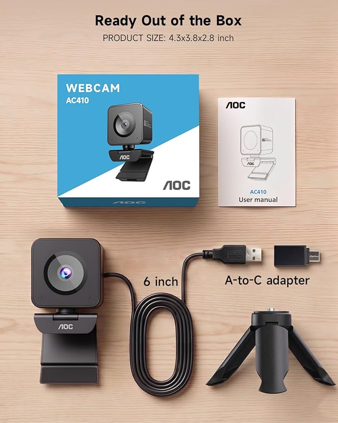 AOC 4K Webcam for PC with 1/2.55'' Sensor, 1080P 60FPS Streaming Camera with PDAF Autofocus, Privacy Cover, Plug & Play computer camera 75° FOV for Zoom/Mac/Switch 2, Includes Tripod & USB A-C Adapter