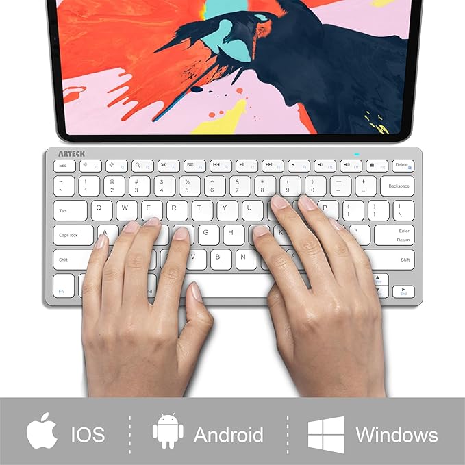 Arteck Ultra-Slim Bluetooth Keyboard Compatible with iPad 10.2-inch/iPad Air/iPad 9.7-inch/iPad Pro/iPad mini, iPhone and Other Bluetooth Enabled Devices Including iOS, Android, Windows Silver