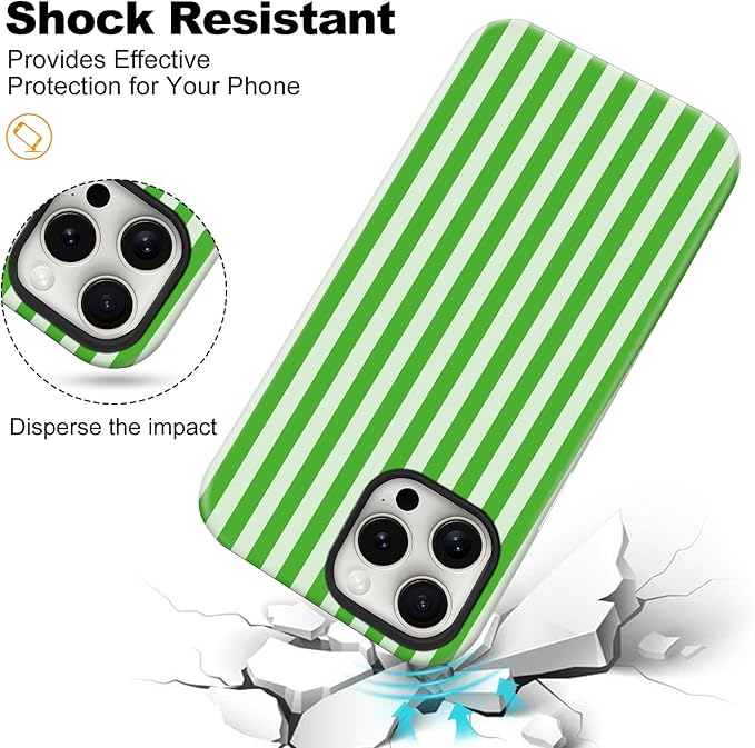 Magnetic for iPhone 17 Case Cute Stripes Phone Case, Shockproof Slim TPU and Hard PC Protective Phone Cover Compatible with MagSafe Designed for Women Girls, Deep Green