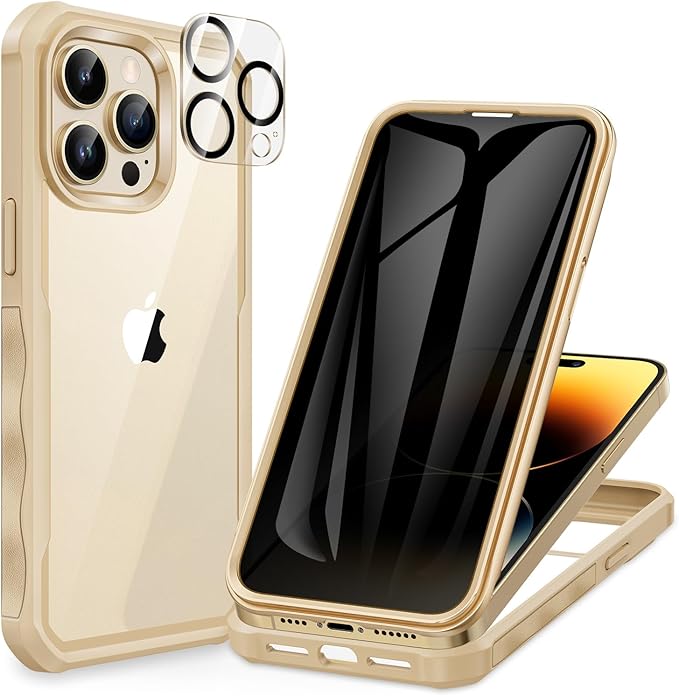 CENHUFO Privacy for iPhone 14 Pro Case, Full Body Phone Case with Built-in 9H Tempered Glass Privacy Screen Protector and Camera Lens Protector, Anti Peep Spy Shockproof Bumper Clear Cover - Beige