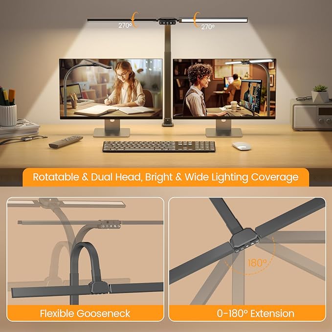 SIBRILLE Upgraded Desk Lamp for Home Office - Dimmable Computer Desk Light with Remote, Modern Architect Task Lamp with Color Changing, Flexible Desktop Lamp with Gooseneck for Monitor, Double Head
