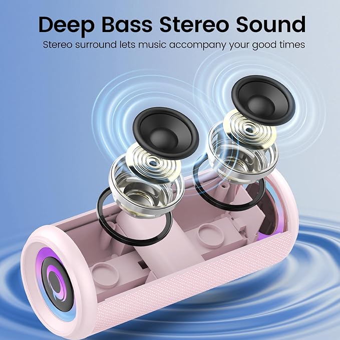Portable Bluetooth Speaker, 2026 Bluetooth 5.4 Wireless Speaker with 20W HD Loud Stereo Sound, TWS Pairing, 20H playtime, RGB Lights, IP7, Built-in Mic, for Outdoor, Home, Beach, Party, Gift, Pink