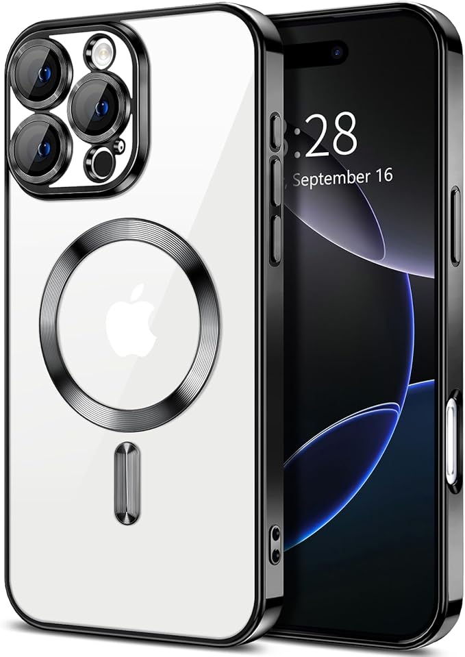 Hython Magnetic Clear for iPhone 16 Pro Case with Camera Lens Protector [Compatible with MagSafe] Luxury Plating Edge Slim Soft TPU Cover Protective Phone Case for iPhone 16 Pro 6.3", Black