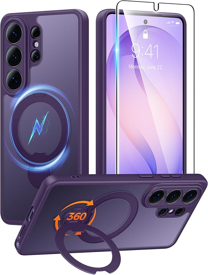 FNTCASE for Samsung Galaxy S26-Ultra Case: [360 Spin Magnetic Stand] [Compatible with Magsafe] [Screen Protector] Translucent Matte Military Grade Shockproof Full Camera Protective Phone Cover -Purple