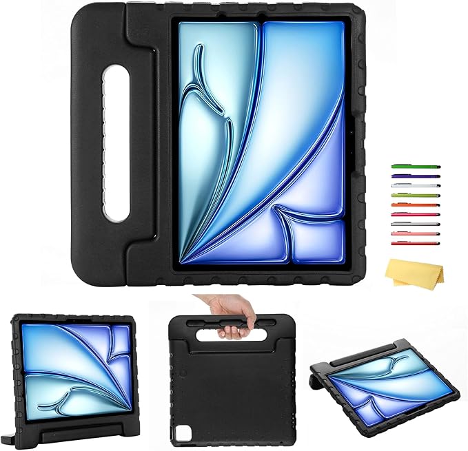Kids Case for iPad Air 11-inch M3/M2 & iPad Pro 11 inch Case M5/M4 (2025/2024) with Pencil Holder/Kickstand Lightweight Convertible Handle Stand EVA Shockproof Rugged Protective Cover, Black
