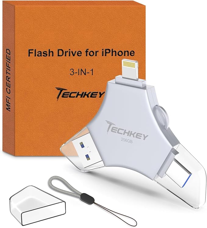 USB 3.0 Flash Drive for iPhone 256GB: MFi Certified 3in1 External Memory Photo Keeper Storage Stick for Picture/Video/Data Saver/Backup High Speed Thumb/Jump/Hard Drive for iPad/Android/PC -Grey