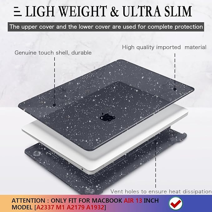 CISSOOK Sparkly Black Star Case for MacBook Air 13 Inch A2337 M1 A2179 A1932 2021-2018 Release, Plastic Glitter Bling Hard Shell Case with Keyboard Cover for MacBook Air M1 2021 with Touch ID