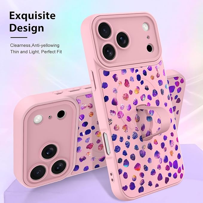 KANGHAR Compatible with iPhone 17 Pro Case, Support for MagSafe, Silicone Cute Iridescent Pattern Leopard Print Cheetah, Wristband Kickstand Shockproof Soft Slim Cover for Girls Women, Pink