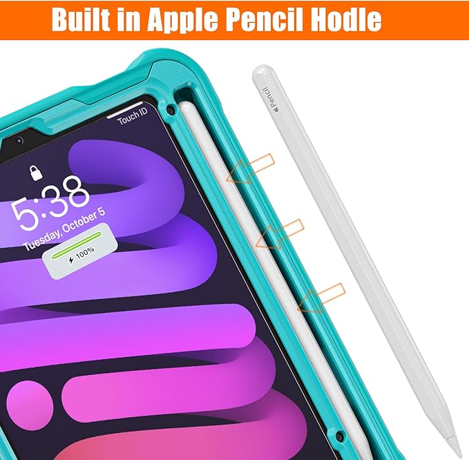 BRAECN for iPad (a17 pro) Mini 7/Mini 6 Case 2024/2021 8.3 inch with Pencil Holder Protective Clear Ring Handle 360 Rotating Stand Shockproof Dropproof Rugged Carrying Shoulder Strap Kids Friendly