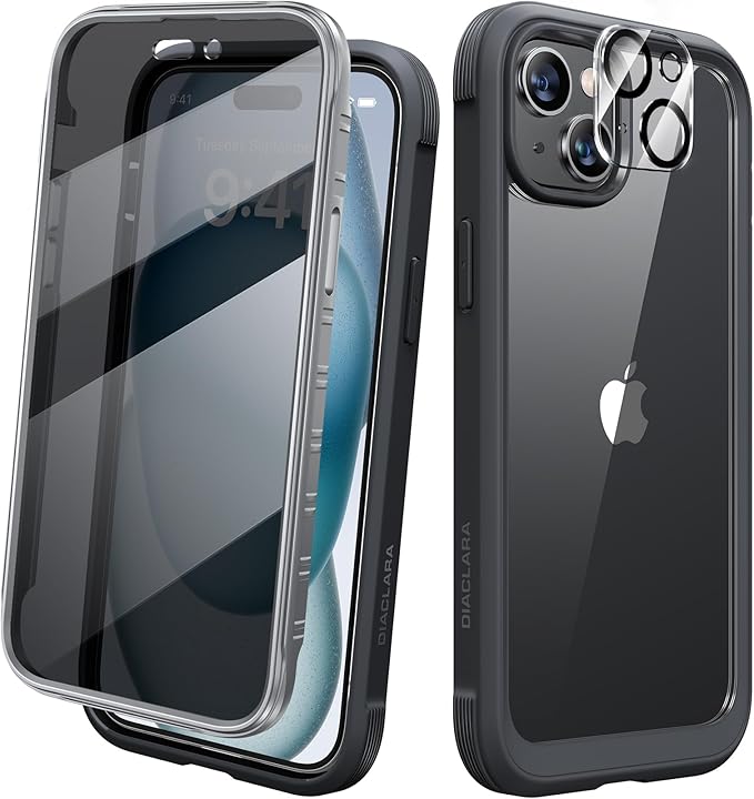 Diaclara Designed for iPhone 15 Case 6.1 Inch,Upgraded Full Body Rugged Clear Bumper Case with Built-in Privacy Screen Protector for iPhone 15,Black