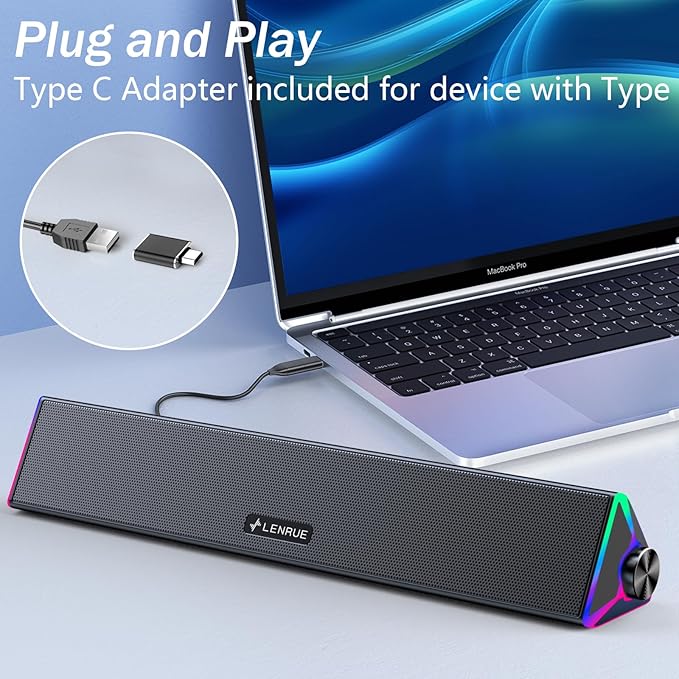 LENRUE Computer Speakers for Desktop,PC Speakers with Single USB for Power and Stereo Sound,Touch Lights Gaming Speakers Sound bar for Desktop PC Laptop(USB-C Adapter Included)