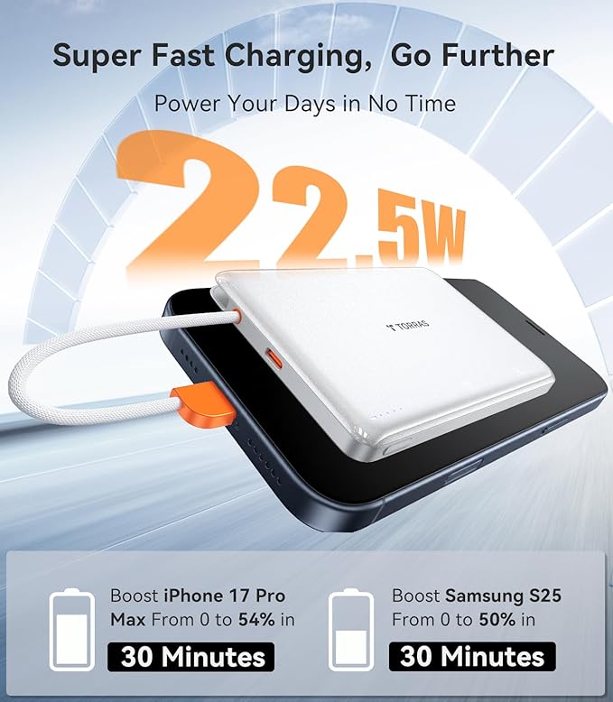 TORRAS Power Bank with Built-in USB-C Cable (No-Wireless), Ultra-Slim 10,000mAh Portable Charger USB C, 22.5W Fast Charging Battery Pack for iPhone 17/16/15 Series, Phone air, Galaxy, Pixel, White