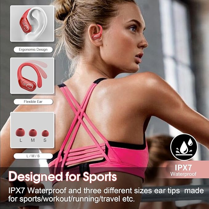 Wireless Earbuds 75hrs Bluetooth 5.4 Headphone Sport, 2026 Bluetooth Earbuds Stereo Deep Bass Over Ear Bud with Earhooks, ENC Noise Cancelling Mic, IPX7 Waterproof Earphone for Gym/Workout/Run, Red
