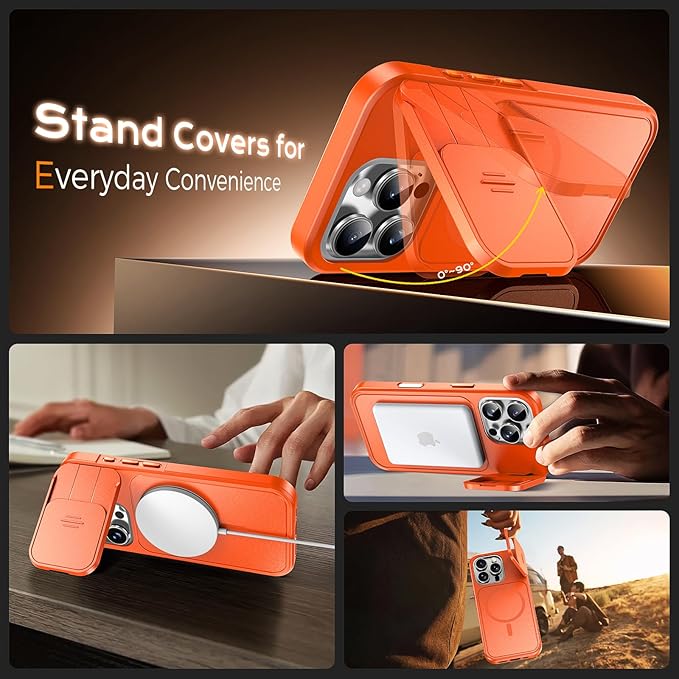 TOCOL for iPhone 16 Pro Case with Slide Camera Cover, Kickstand and Camera Control Button, Fit for MagSafe, Rugged Solid Phone Case, Non-Slip, Drop Protection, Orange