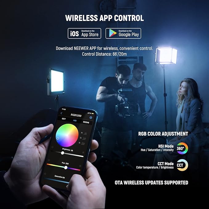 NEEWER 2 Pack RGB1200 LED Video Light with APP/2.4G Control, Key Lighting Kit with Tripod Stands & Bag for Streaming Recording Studio Photography, 60W/22000Lux/1% Min Dimming/360° RGB/CRI97+/TLCI98+