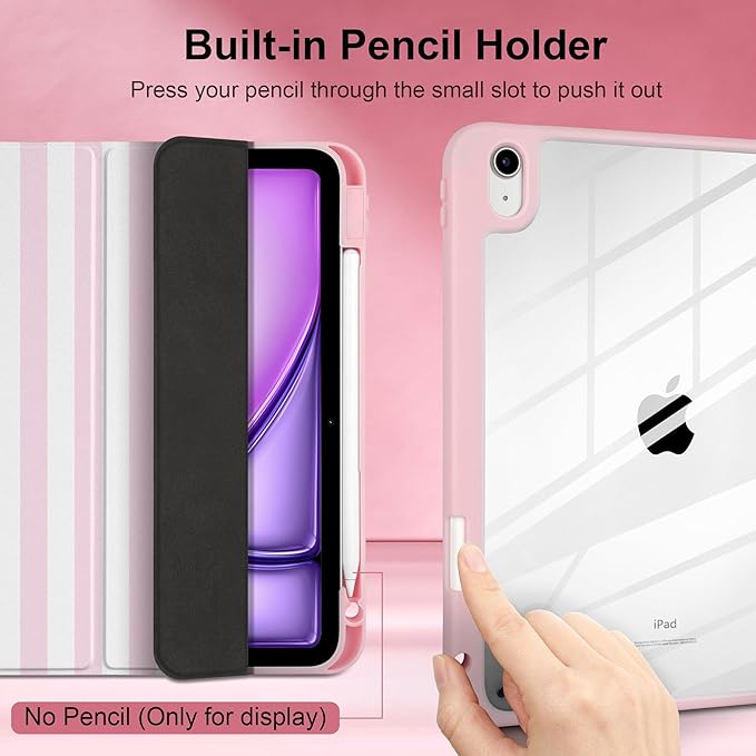 Case for iPad Air 11 inch M4 2026 M3 2025 M2 2024 Release with Pencil Holder - Cute Pink White Striped Trifold Cover with Clear Back Auto Sleep/Wake, Aesthetic Soft Protective Skin for Girls