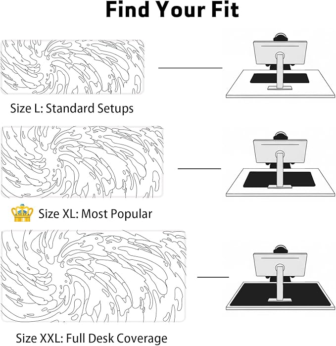 Gaming Mouse Pad L (31.5x11.8in) - Abstract White Line Art Waves, Japanese Doodle Style - Desk Mat, Water Resistant Surface