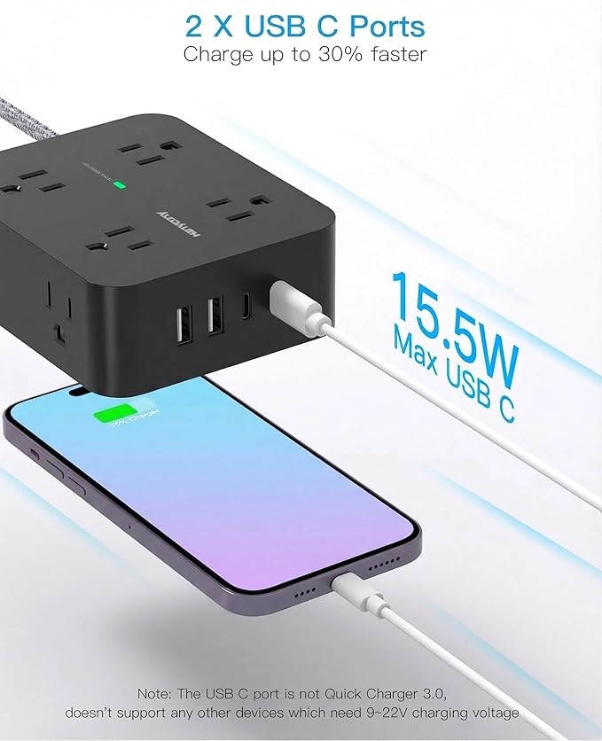 HANYCONY Extension Cord 25 Ft, Surge Protector Power Strip with 8 Outlets 4 USB Ports(2 USB C), Long Cord, Wall Mount, Desk USB Charging Station for Home Office College Dorm Room Essentials