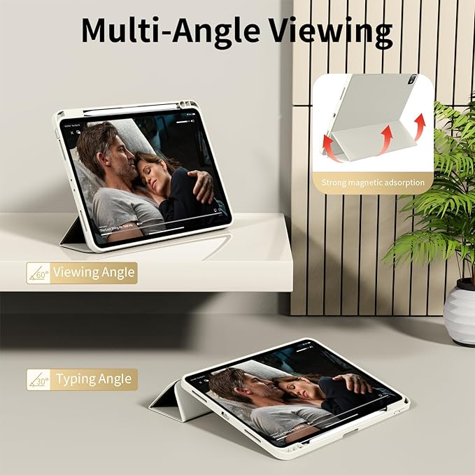 for iPad Pro 12.9 Case (6th/5th/4th/3rd Generation 2022/2021/2020) & ipad Air 13 inch case (M3 2025/M2 2024) with Pencil Holder, Smart Slim Trifold Stand Case with Soft TPU Back (Cream White)