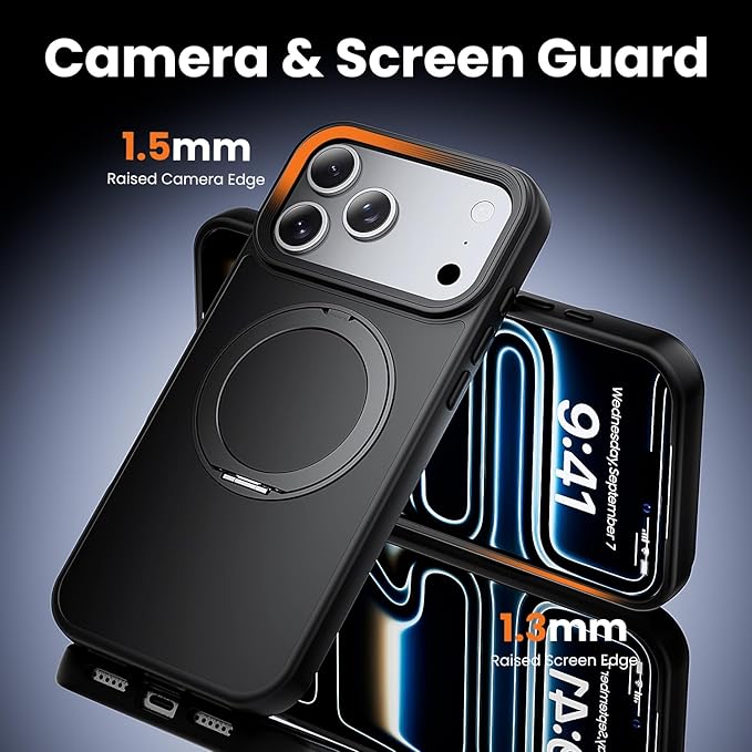 toushion 3 in 1 for iPhone 17 Pro Case with Stand Black,Build in Kickstand,Screen Protector *1 & Camera Lens Protector*1,Fits MagSafe, Slim Matte Finish Shockproof Phone Cover