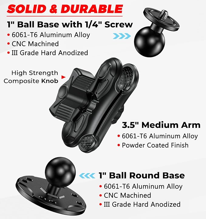 VAZESWIN Aluminum Alloy Camera Mount - with 1/4" Thread Tripod Adapter for Gopro Insta360 DJI Action Cameras, 360° Rotation Adjustable 1" Ball Mount with AMPS Hole Round Base, for Car Boat Dashboard