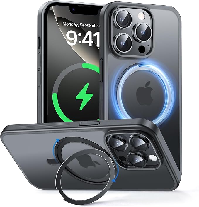 MAGIC JOHN 360° Rotatable Magnetic Invisible Stand for iPhone 14 Pro Case [Anti-Slip Grip] [Compatible with MagSafe] 16FT Shockproof for iPhone 14 Pro Case with Kickstand, Black