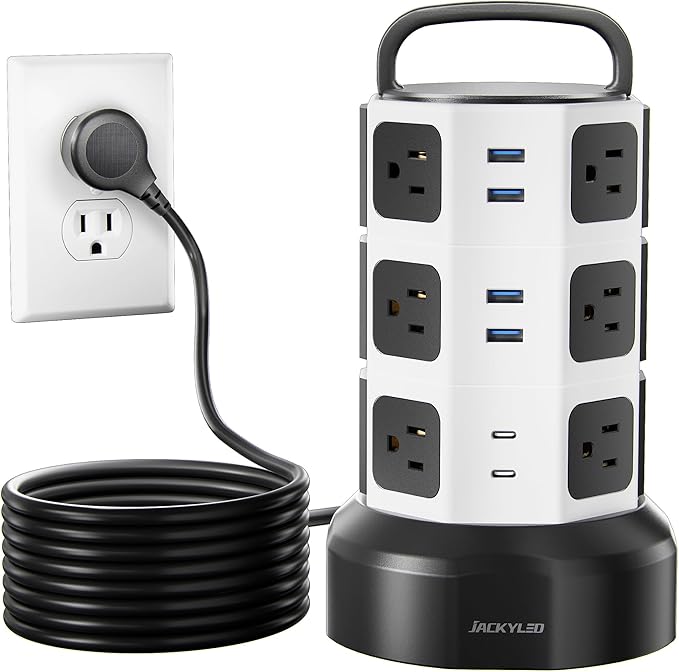 Power Strip Tower Surge Protector, JACKYLED 1625W 13A Outlet Surge Electric Tower, 12 Outlets 6 USB Ports Charging Station with 16AWG 15ft Heavy Duty Extension Cord for Home Office Dorm