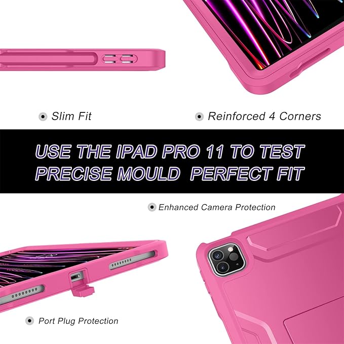 Soke Case for iPad Pro 11 Inch 2022/2021/2020/2018/iPad Air 5th/4th Generation,Built-in Screen Protector - Support 2nd Apple Pencil Charging - Heavy Duty Rugged Protective Kickstand Case - Hot Pink
