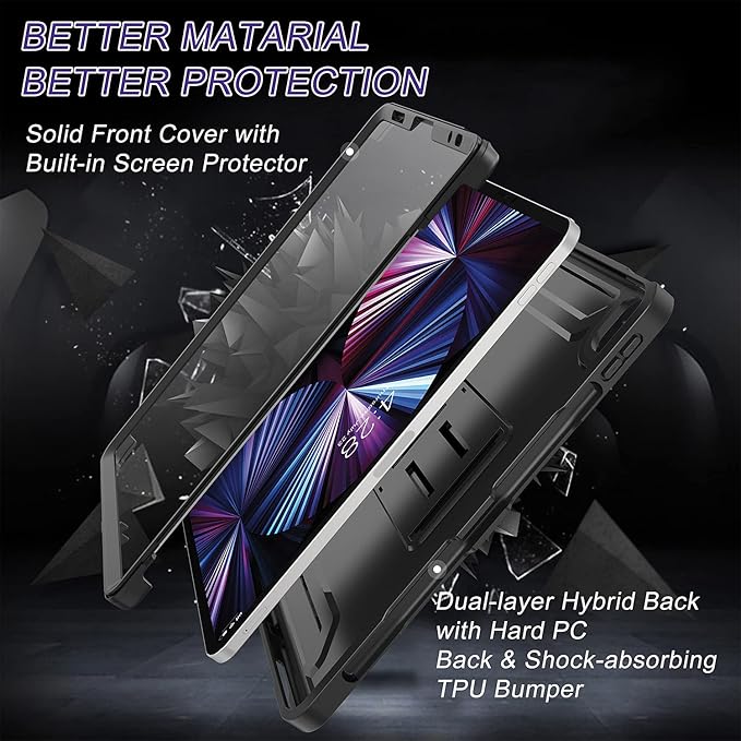Soke Case for iPad Pro 11 Inch 2022/2021/2020/2018/iPad Air 5th/4th Generation,Built-in Screen Protector - Support 2nd Apple Pencil Charging - Heavy Duty Rugged Protective Kickstand Case - Black