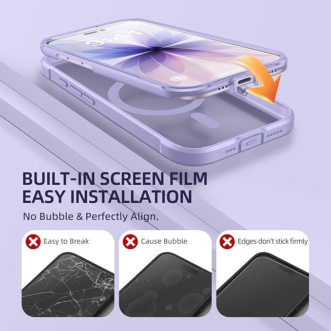 BERFY for iPhone 17 Case, Compatible with MagSafe, Built-in Glass Screen Protector, Camera Protection, Shockproof Full Body Phone case 6.3", Clear Purple
